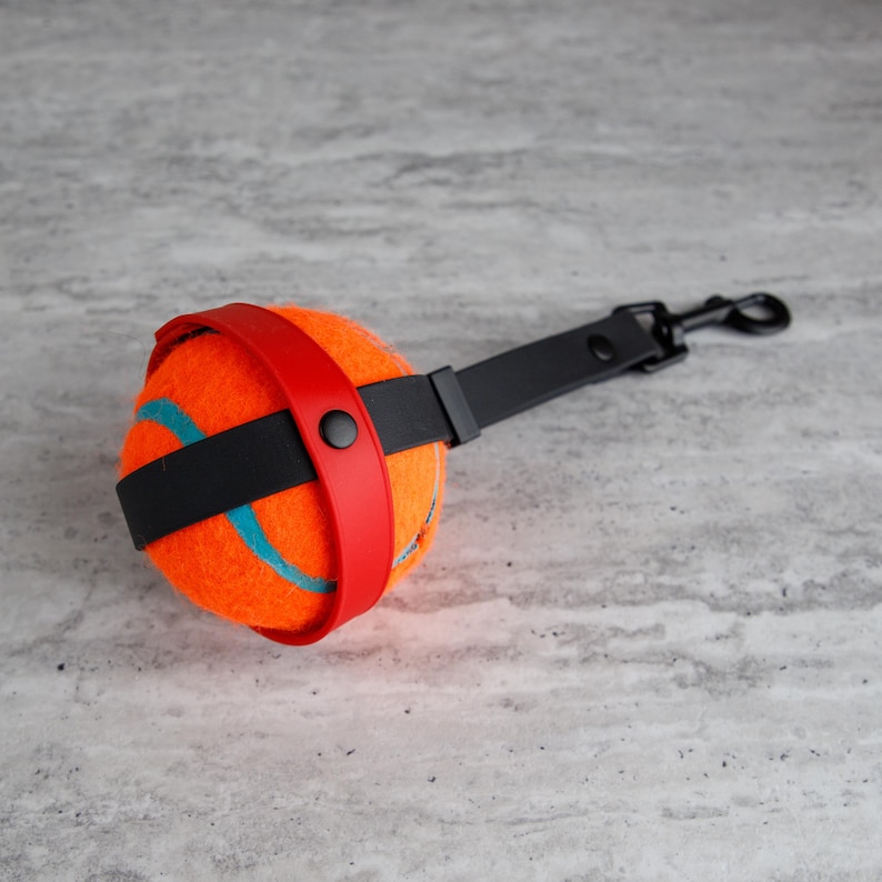 May include: An orange tennis ball with blue curved lines, secured by a red and black strap, and a black handle with a metal clip. The dog toy is designed for interactive play.