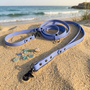 May include: A light purple dog leash made of a smooth, flexible material featuring black metal hardware, including a swivel snap hook and rivets. The leash is coiled and laid out with a handle loop and a secondary D-ring attachment point.
