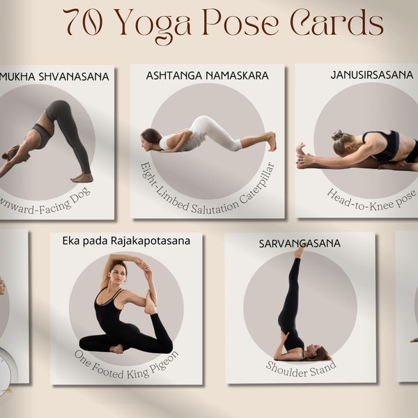 Cartes de pose de yoga : 70 cartes avec des noms en anglais et en sanskrit - imprimables au format lettre US et PDF A4 - PNG - idéal pour la pratique et l'enseignement du yoga