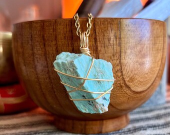 Raw Turquoise Crystal Necklace Gold Wire Wrapped | December Birthstone Jewelry | Natural Turquoise Pendant | Boho Healing Crystal Necklace