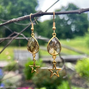 Labradorite Crystal Charm Earrings with attached Gold Star Charms, Crystal Earrings, Labradorite Earrings, Handcrafted, Celestial Jewelry