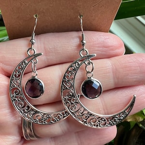 February Birthstone Silver Celestial Moon Earrings, Amethyst Purple Colored Birthstone Charms, Handcrafted Jewelry, Dangling Earrings