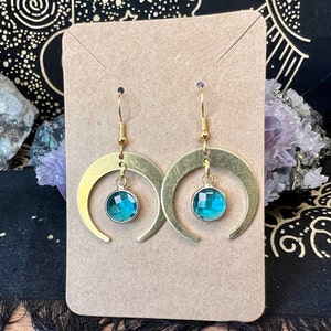 March Birthstone Gold Celestial Moon Earrings Jewelry, Aquamarine Blue Colored Birthstone Charms, Handcrafted Jewelry, Dangling Earrings