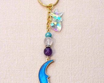 Celestial Crescent Moon Keychain – Amethyst and Fluorite – Crystal Moon Bag Charm with Iridescent Glass Charms
