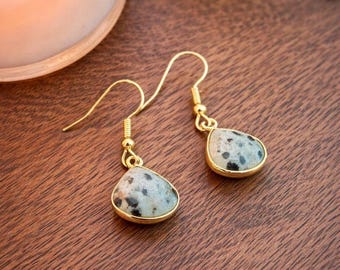 Faceted Dalmatian Jasper Teardrop Earrings, Natural Spotted Jasper Gemstone, Gold Dangle Earrings, Crystal Jewelry,  Grounding Protection