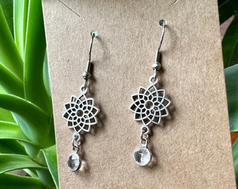 April Birthstone Silver Geometric Lotus Flower Earrings, Diamond Colored Birthstone Charms, Handcrafted, Dangling Earrings, Birthday Gifts