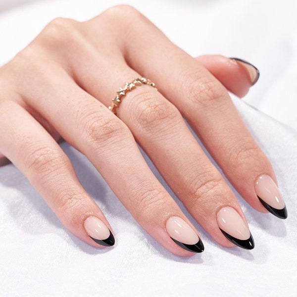 Black Almond French | Short Almond | High Quality & Reusable Press-On Nails | 30 PCS - 15 Sizes | Gel Nail Set