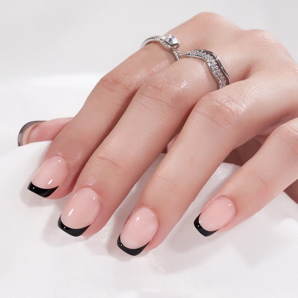 Short Black French | Short Square | High Quality & Reusable Press-On Nails | 30 PCS - 15 Sizes | Gel Nail Set