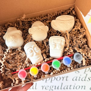 May include: A craft kit with six plaster face molds, including a monkey, a cup, and a mustached man, along with six paint pots and a paintbrush. The kit is presented in a brown cardboard box filled with shredded paper.
