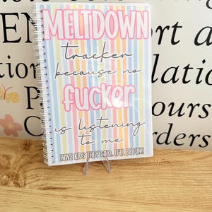 Può includere: Un quaderno a spirale con una copertina a righe verticali color pastello che riporta il testo MELTDOWN tracker because no fucker is listening to me HAVE KIDS THEY SAID.. IT'LL BE FUN!! in grassetto rosa e in corsivo nero.