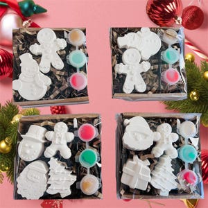 Puede incluir: Cuatro juegos de adornos de cerámica navideños para pintar en cajas individuales. Cada juego incluye un muñeco de nieve, un hombre de jengibre, Papá Noel y un árbol de Navidad. Las cajas también incluyen botes de pintura en rojo, verde, dorado y blanco.
