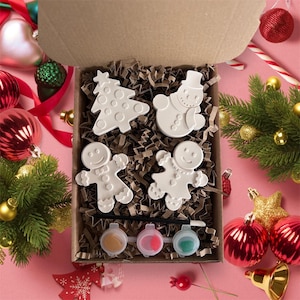 Puede incluir: Un kit de adornos de Navidad para pintar con cuatro adornos de cerámica: un muñeco de nieve, un árbol de Navidad y dos hombres de jengibre. El kit incluye tres pequeños frascos de pintura en rojo, verde y amarillo.