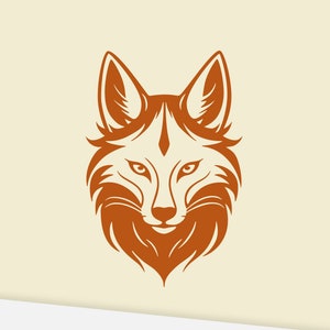 May include: A stylized illustration of a fox's head in a burnt orange color. The fox's eyes are closed and the mouth is slightly open. The fox's fur is detailed with a series of lines.