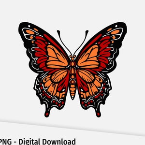 Peut inclure: Une silhouette noire de papillon avec des ailes orange et rouges. Le papillon est centré dans l'image sur un fond blanc.