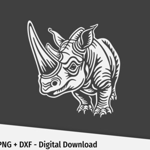 May include: A black and white line art illustration of a rhinoceros with a large horn. The rhinoceros is facing the left side of the image. The image is on a gray background.