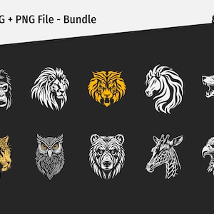 Animaux sauvages SVG & PNG Bundle. 10 illustrations époustouflantes. Fond sombre optimisé. Téléchargement numérique. Cricut optimisé.