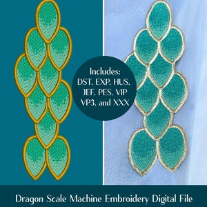 Puede incluir: Un archivo digital para bordado a máquina con un diseño de escamas de dragón. Las escamas son de color verde azulado con contornos dorados. La imagen incluye el texto "Includes: DST, EXP, HUS, JEF, PES, VIP, VP3, and XXX" y "Dragon Scale Machine Embroidery Digital File."