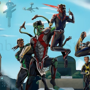 Alien Incursion! Poster ~ Original Hand-Drawn Superhero Print | Sci-Fi Battle Artwork