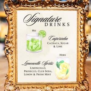 Ausdruckbare Caipirinha und Limoncello Spritz Signature Hochzeitsgetränke