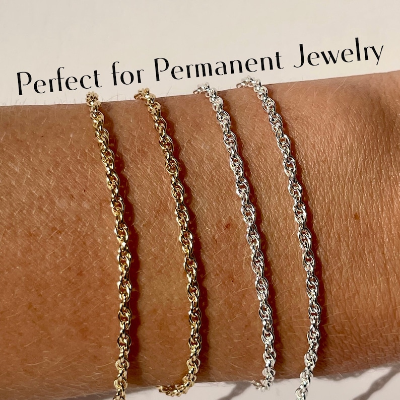 May include: Three different rope chains in gold, silver, and white gold. Perfect for permanent jewelry.