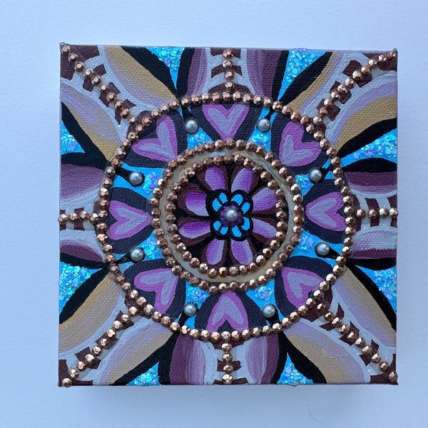 Mixed Media Mandala - 6x6 inches - Embellished with Rhinestones and Glitters - Girly Art - Fun Elegant Art - Girls Room Decor - Diva Art