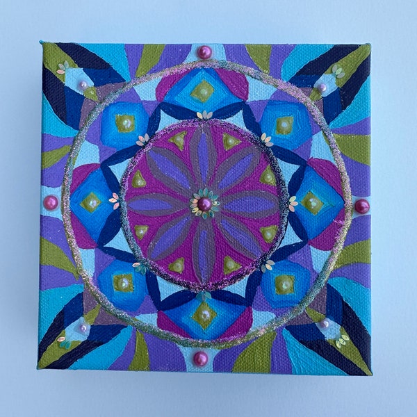 Original Mixed Media Mandala - 6x6 inches - Acrylic Painting with Glitter Sequins and Pearls - Spiritual Art - New Age Mixed Media Art