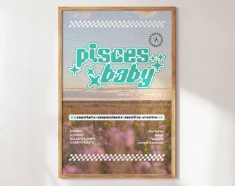 Pisces Zodiac Wall Print, Y2K Aesthetic, Digital Poster Download Print, 2000s Poster, Cute Dorm Decor, Retro Wall Decor