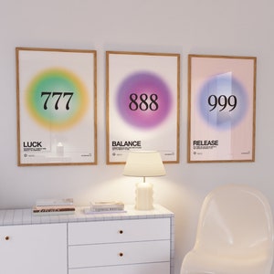 Set di numeri angelici 777.888.999 Stampa artistica da parete con poster, Energia angelica Aura sfumata, Arte da parete stampabile, Arte da parete spirituale, Arredamento dormitorio alla moda