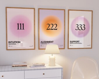 Angel Numbers Set 111, 222, 333 Poster Wall Art Print, Gradient Aura Angel Energy, Printable Wall Art, Spiritual Wall Art, Trendy Dorm Decor
