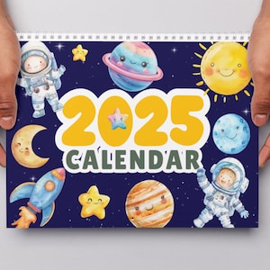 Calendario espacial 2025/26 para niños, calendario imprimible para la escuela, calendario horizontal tamaño carta, divertido calendario de pared del espacio exterior