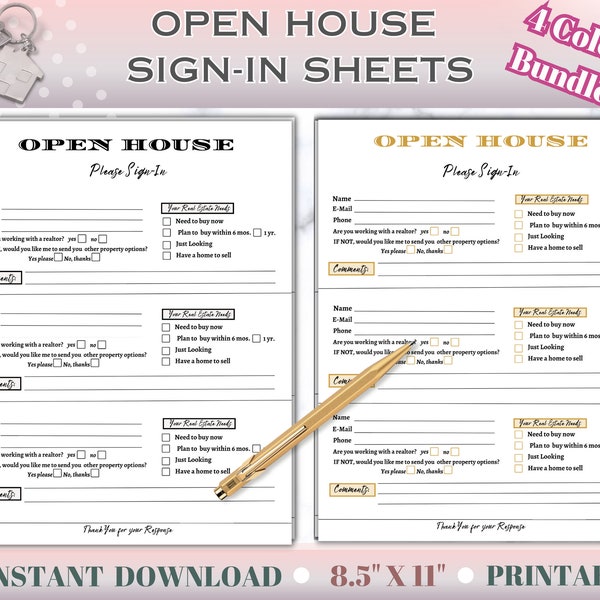 Printable Open House  Sign-in Sheet. Real Estate Agent Marketing Tools.  Instant Download. PDF 8.5" X 11"color set. red, blue gold,black."