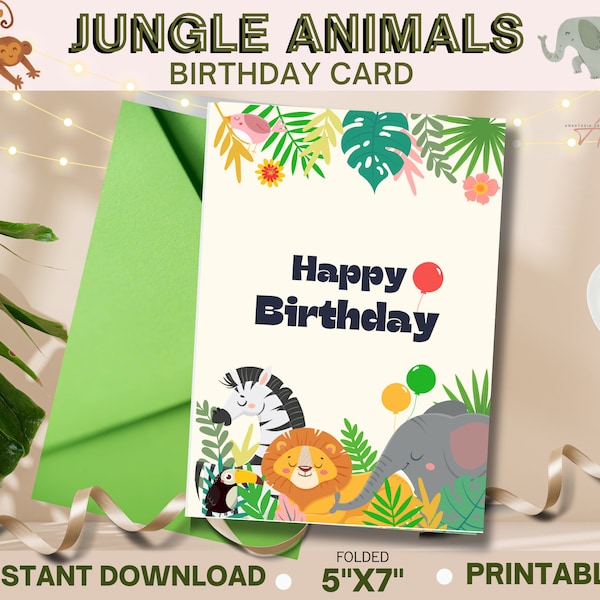 Wild One,Jungle Animals, Safari Happy Birthday Printable Funny Card. Instant Download Blank 5x7 Kids Birthday Card, FREE A7envelope template