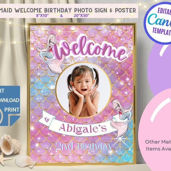 Mermaid Birthday 8X10"& 20x30" Photo Sign. Under the Sea Mermaid Girl's  Birthday Party Photo Poster Digital Download Editable PrintableSign