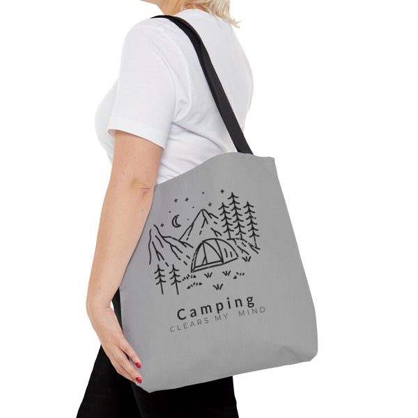 Camping Clears My Mind Gear for Mindful, Active, Exploring Outdoors Adventurers and Nature Lovers Grey Tote Bag (AOP) Carry All