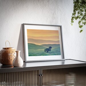 Sunset In A Field With Trees And Rolling Hills Calming Yellows and Greens, Nature, Oil Painting Print Framed Posters, Matte