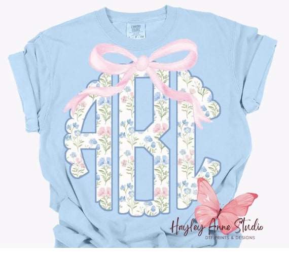 Custom grand millennial floral Monogram, Girly, bow, Floral, blue and pink, Floral, DTF Print, Ready Press, Dtf Transfers Ready To Press