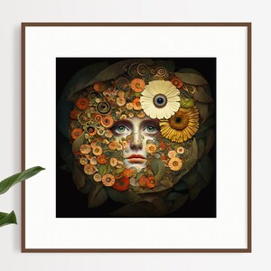 Peut inclure: Le visage d'une femme est caché par un collage de fleurs et de feuilles colorées. Les fleurs sont principalement orange, jaunes et blanches, et les feuilles sont vertes et brunes. Les yeux de la femme sont visibles et sont d'un vert vif.