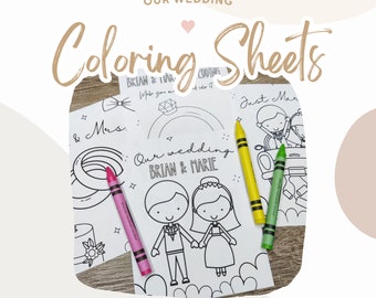 May include: Three coloring sheets with wedding themes. The first sheet features a bride and groom with the text "Our wedding Brian & Marie". The second sheet has a ring and the text "& Mrs.". The third sheet has a car and the text "Just Married".