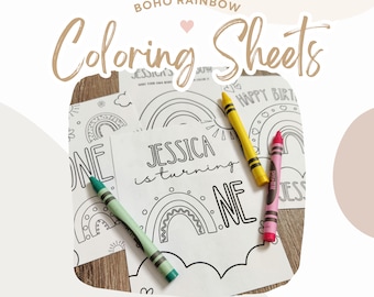 Boho Rainbow First Birthday Coloring Pages | Printable Party Favors (PDF)