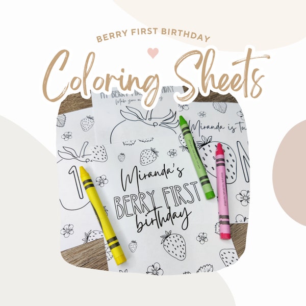 Strawberry Berry First Birthday Coloring Favors | Berry First Party Favors | Strawberry 1st Birthday Kids Coloring Kit Sheets