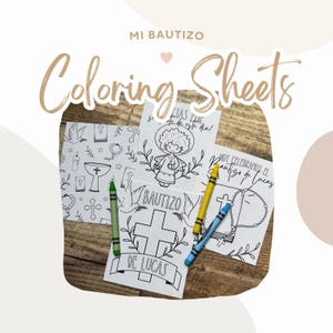 May include: Four coloring pages with religious themes, including a cross, a dove, a chalice, and a rosary. The pages are titled "Mi Bautizo" and "Bautizo de Lucas".