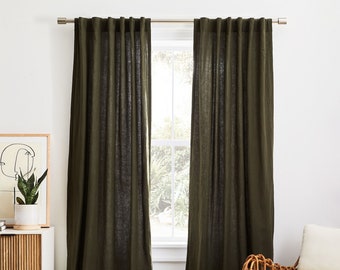 Dark Olive Cotton Long Curtain 2 Panels Solid Farmhouse and Modern Rustic Curtains Green Cotton Window Curtains Extra Long Curtain Panel