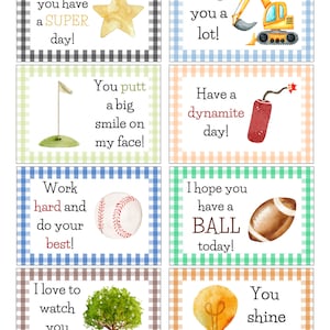 May include: Eight colorful cards with encouraging messages and illustrations. The cards feature a star, a construction vehicle, a golf club, a stick of dynamite, a baseball, a football, a tree, and a light bulb.