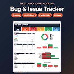 May include: An Excel and Google Sheets template for a Bug and Issue Tracker. The interface displays a dashboard with data tables and charts, including Issue Log, Live Dashboard, Overdue Alerts, and Workload sections with red, green, and blue metrics.