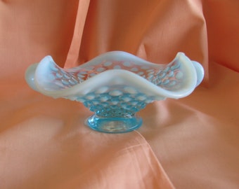 Fenton Hobnail Bonbon/Mint Dish with handles in Blue Opalescent