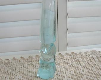 Vintage Mid-Century Mesoamerican Style Carved Aqua Glass Warrior Statue - 9"