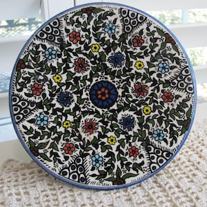 Vintage 1980s Palestinian Ceramic Wall Plate | Hand Painted Armenian Style Floral Hanging Decor | Traditional Hebron Jerusalem Art Pottery