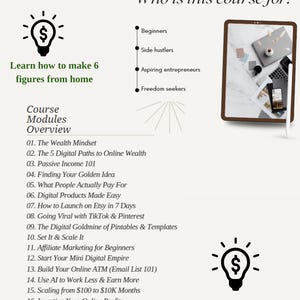 Puede incluir: Anuncio de un curso de guía de riqueza digital. La imagen incluye el texto «Aprende a ganar 6 cifras desde casa». Se enumeran los módulos del curso, que cubren temas como ingresos pasivos, Etsy y marketing online. También hay una tableta e iconos de bombillas.