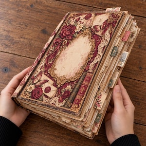 May include: A thick, rectangular journal with a burgundy and cream cover featuring floral patterns, butterflies, and an ornate gold-colored frame. The book includes numerous layered pages with decorative tabs extending from the side edges.