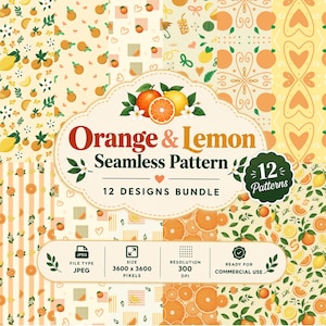 Puede incluir: Un paquete digital de 12 patrones sin costuras con motivos de naranjas y limones, incluyendo rodajas de fruta, hojas y flores. La etiqueta central muestra el texto Orange & Lemon Seamless Pattern 12 Designs Bundle con especificaciones.